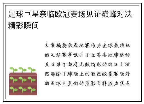 足球巨星亲临欧冠赛场见证巅峰对决精彩瞬间