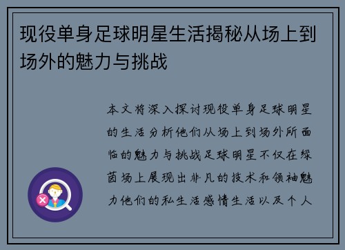 现役单身足球明星生活揭秘从场上到场外的魅力与挑战